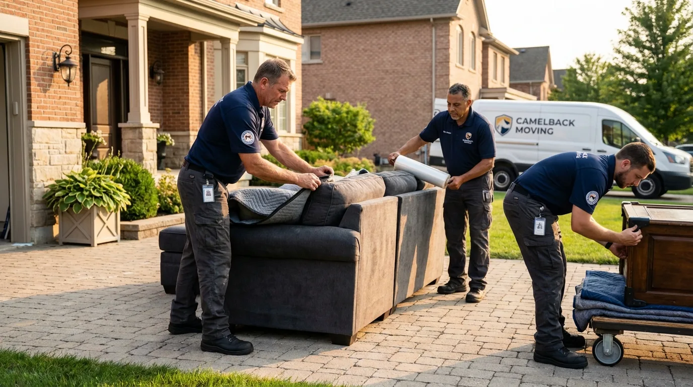 Large estate moving crew wrapping furniture in Limestone, ME