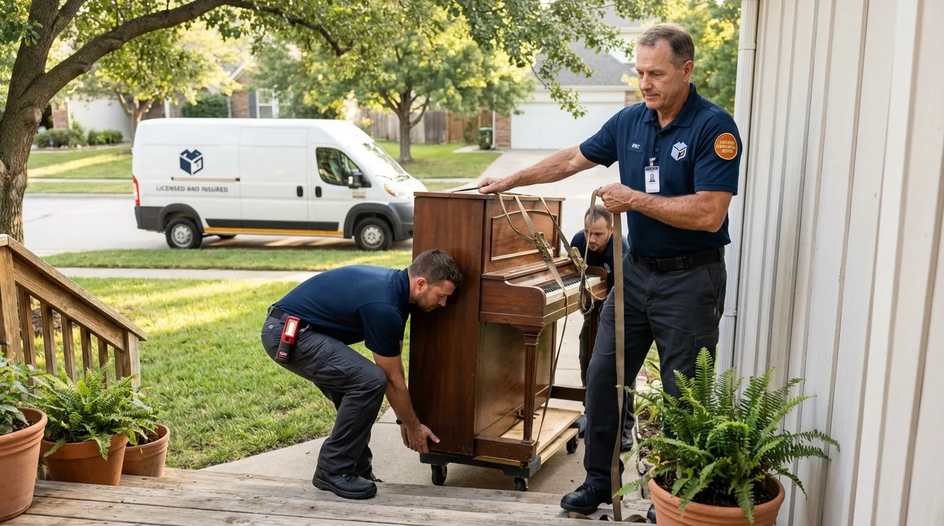 Licensed piano movers securing grand piano in Limestone, ME