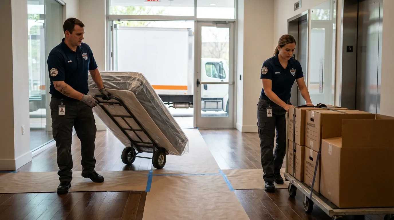 Professional apartment movers loading elevator in Limestone, ME