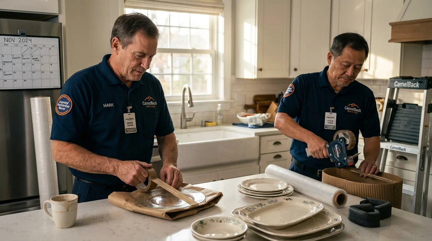 Professional crew packing kitchen dishware in Limestone, ME